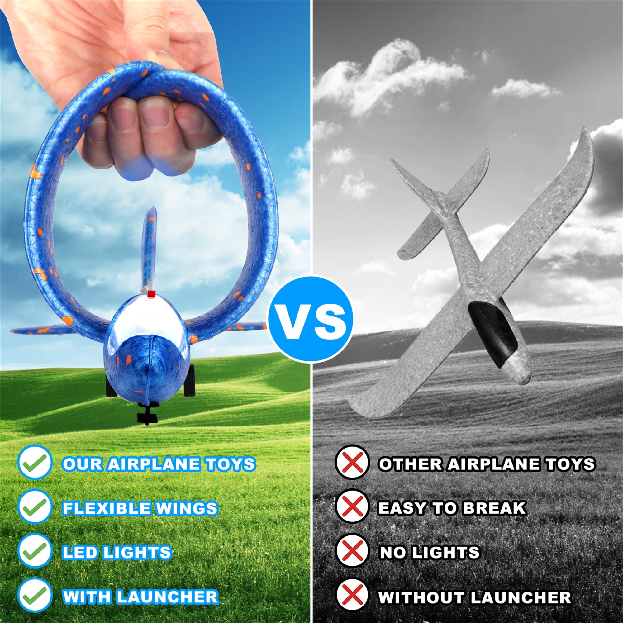 Growsly 3 Pack Airplane Launcher Toys, 12.6 inch Foam Glider LED Airplane, 2 Flight Modes Catapult Airplane Boy Toys Kids Outdoor Flying Toys Gifts 4-12 Years Old Kids, Green, Orange, Blue