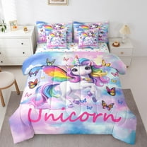 7 Piece Rainbow Unicorn Bed in a Bag Queen Size Cute Cartoon Unicorn Bedding Sets Blue Purple Gradient Comforter Set with Sheets Colorful Butterfly Print Bed Set Kawaii Unicorn Decor Sheets