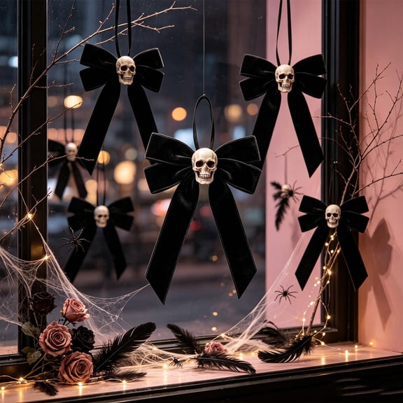 Halloween Skull Velvet Bow, Wired Ribbon Ornament for Wreath, Garland and Tree, 9.84 x 7.09 x 0.39 in, Black and Orange