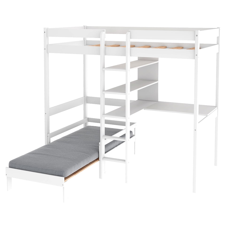 Lowestbest Convertible Loft Bed with L-Shape Desk, Twin Bunk Bed with Trundle and Shelves Lowestbest Convertible Loft Bed with L-Shape Desk, Twin Bunk Bed with Trundle and Shelves