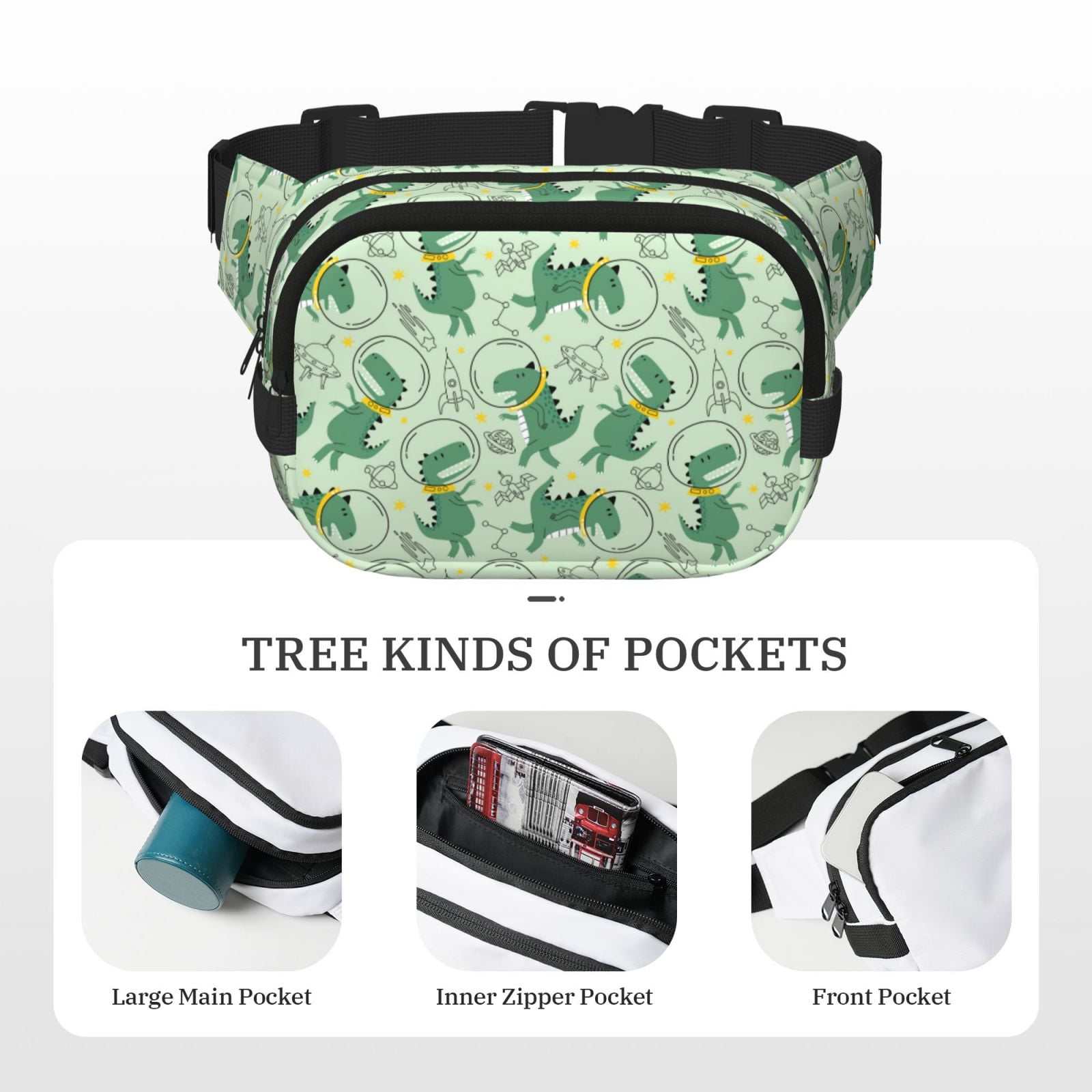 Kdxio Cute Dinosaurs in Space Crossbody Double Layer Waist Bag Belt Bag for Unisex Fanny Pack Fashion Waist Packs for Hiking Running Shopping Traveling