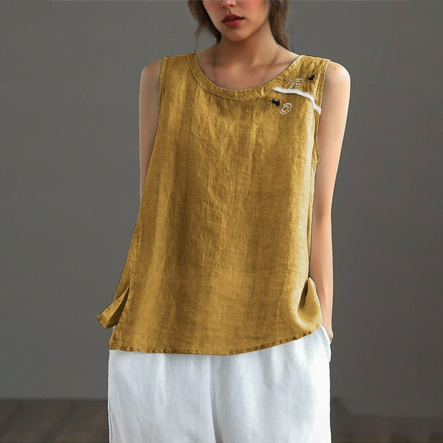 TaTaai Women's Sleeveless Cotton Linen Top, Soft Breathable, Loose Fit, Round Neck, Casual Spring Summer Daily Outings Multi-Color Gift