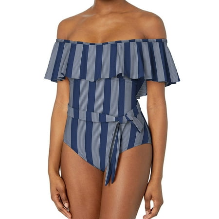 Women's Swimwear Small One-Piece Striped Belted S (Best Swimsuits For Women Over 60)