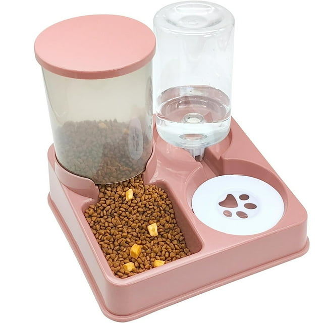 Juego de dispensador de agua con comedero automático para gatos, alimentador de agua y comida para mascotas automático inclinado 2 en 1, alimentador de alimentos por gravedad y bebedero,Pink