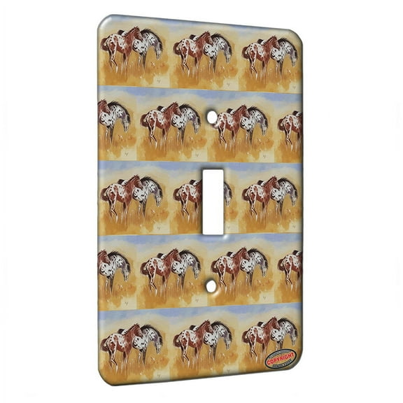 KuzmarK™ Single Gang Toggle Switch Wall Plate - Black and Sorrel Leopard Appaloosa Mare and Foal Horse Modern Art by Denise Every