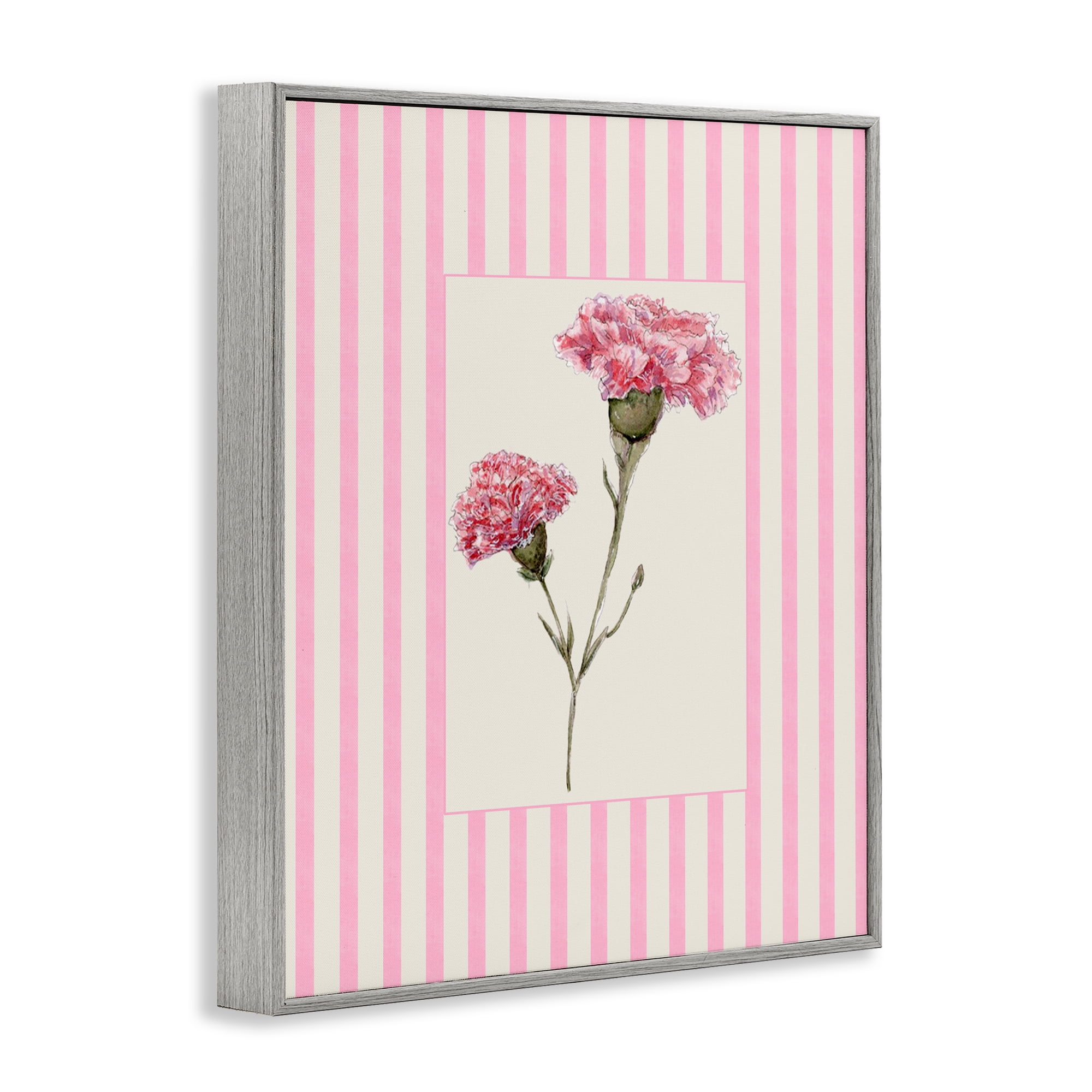 Pink Stripe Carnation Gray Framed Giclee Art, design by Lisa Wehmeyer