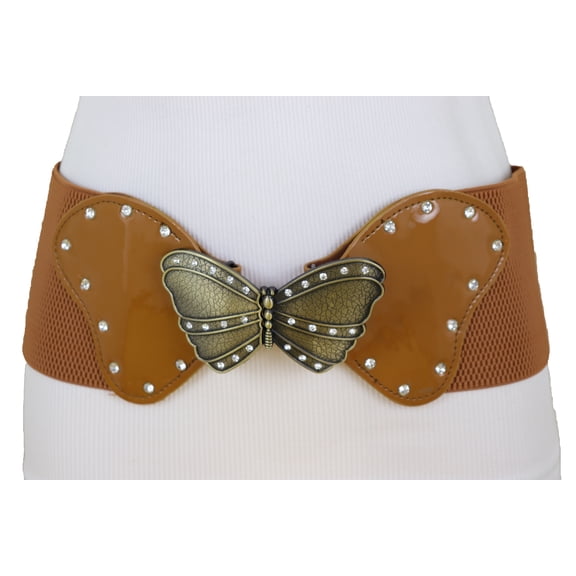 Women Brown Elastic Wide Waistband Fashion Belt Bling Butterfly Buckle Size S M