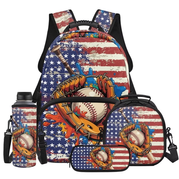 Yuyamidu Baseball School Backpack for Boys 8-10 10-12 Kids Bookbag with Lunch Box and Pencil Case Water Bottle Holder American Flag Elementary Middle School Bag Packs Lightweight Rucksack 4 In 1
