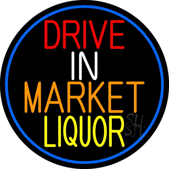 Drive In Market Liquor Oval With Blue Border LED Neon Sign 26 x 26 - inches, Clear Edge Cut Acrylic Backing, with Dimmer - Bright and Premium built indoor LED Neon Sign for Bar decor.