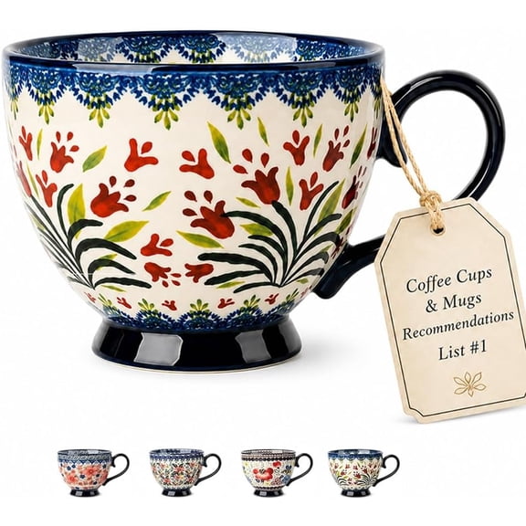 Vintage Floral Bohemian Porcelain Mug 17.6oz, Hand Painted Ceramic Coffee Tea Soup Cup with Matching Plate and Spoon, Decorative Large Handle Mug for Home Office & Gifting