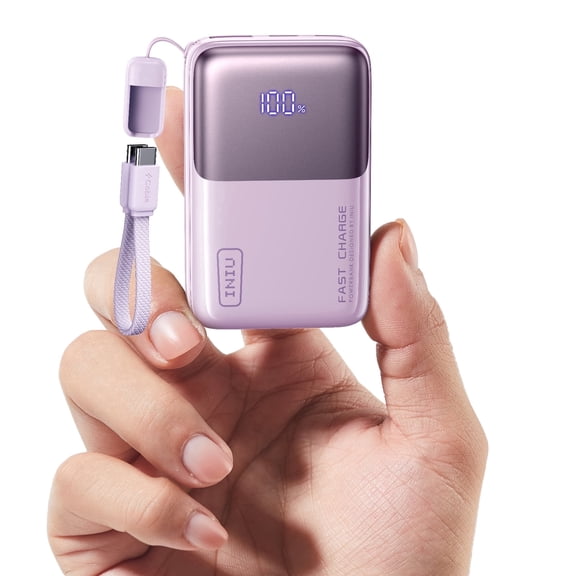 INIU Portable Charger, Ultra Mini 10000mAh 45W Fast Charging with Detachable Cable, Flight-Safe Travel USB C Power Bank for iPhone 17 16 Samsung S26, Google Pixel iPad etc, Purple