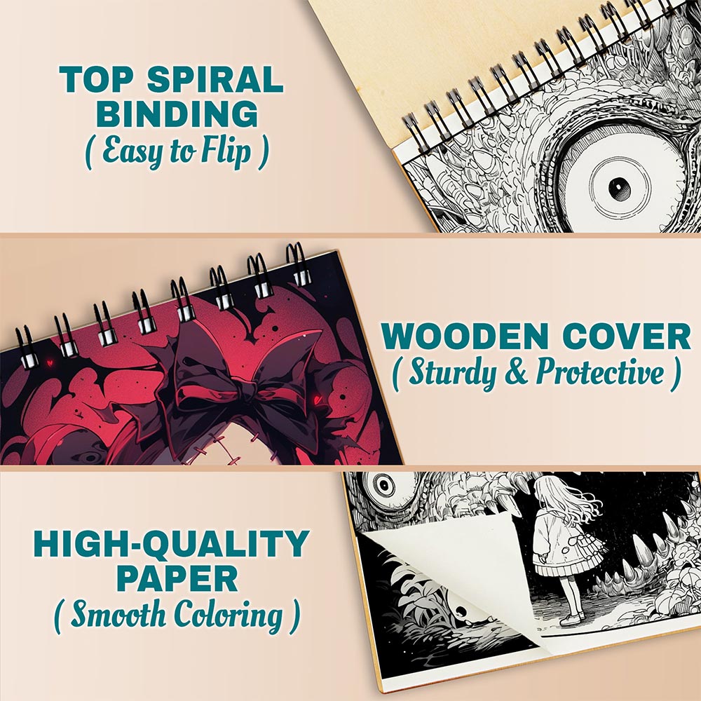 Netecom Creepy Cuteness Coloring Book Spiral Bound For Adults, A5 Wooden Cover, 30 Whimsical Coloring Pages of Adorably Spooky Creatures for Stress Relief and Relaxation