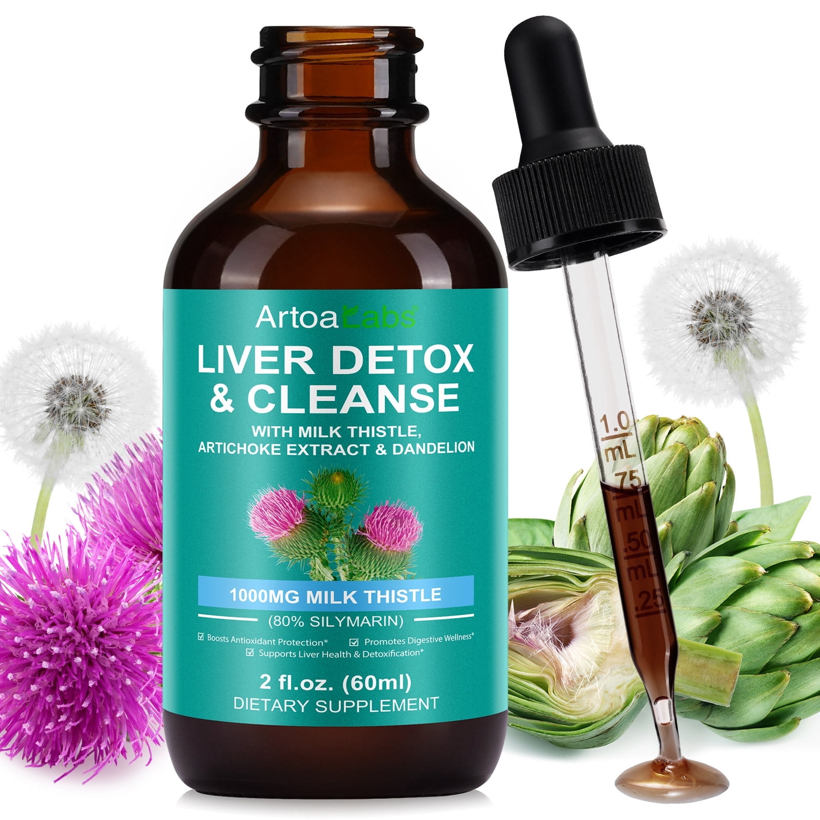 Liver Detox & Cleanse Liquid Drops - with 1000mg Milk Thistle, Artichoke Extract & Dandelion - Supports Liver Health & Digestive Wellness, 2 fl oz