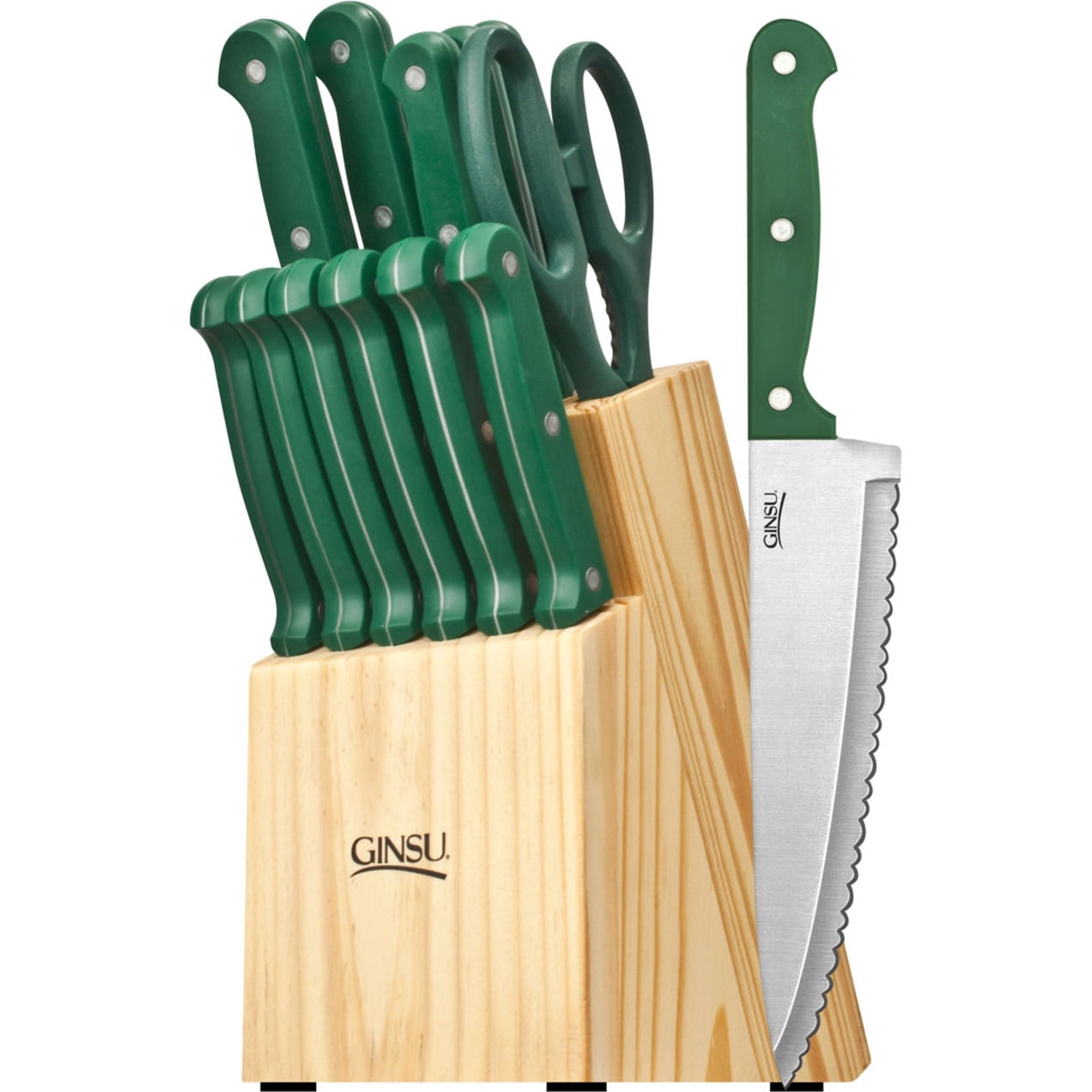 Ginsu Essential Series 14 Piece Green Cutlery Set (Natural Block)