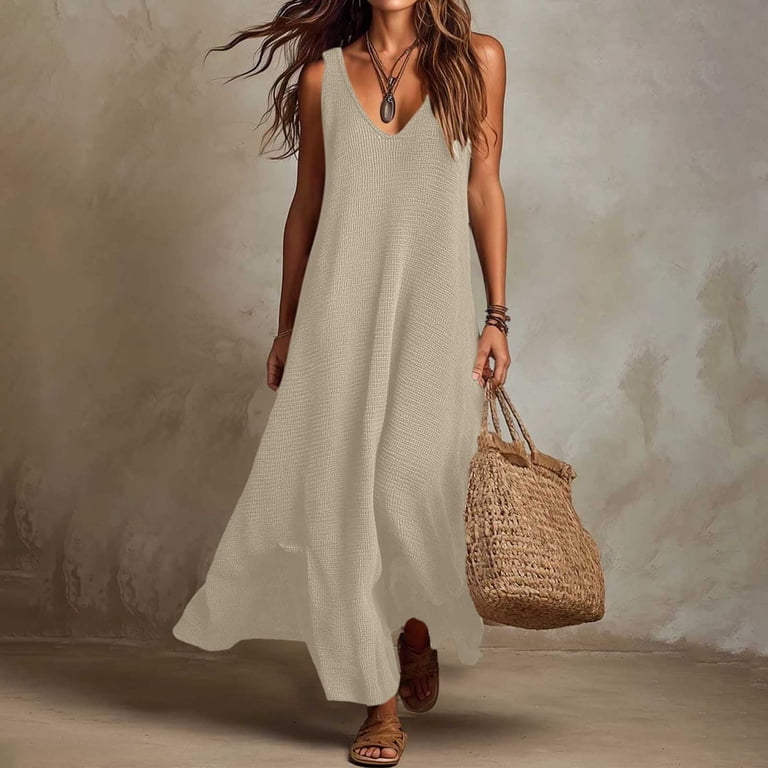boho sweater dresses Hduncf Women Lightweight Knit Dress V Neck Sleeveless Maxi Flowy Beach Tank Dress Casual Stylish Loose Bodysuit Yellow L badge:50% off Ayla, Womens Midi Dress, Color:Ombré Ice Blue inspired outfit