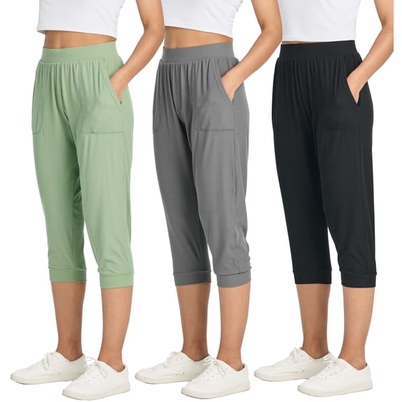 Real Essentials 3 Pack: Women's Ribbed Capri Jogger Lounge Sweatpants with Pockets Yoga Workout (Available In Plus Size)
