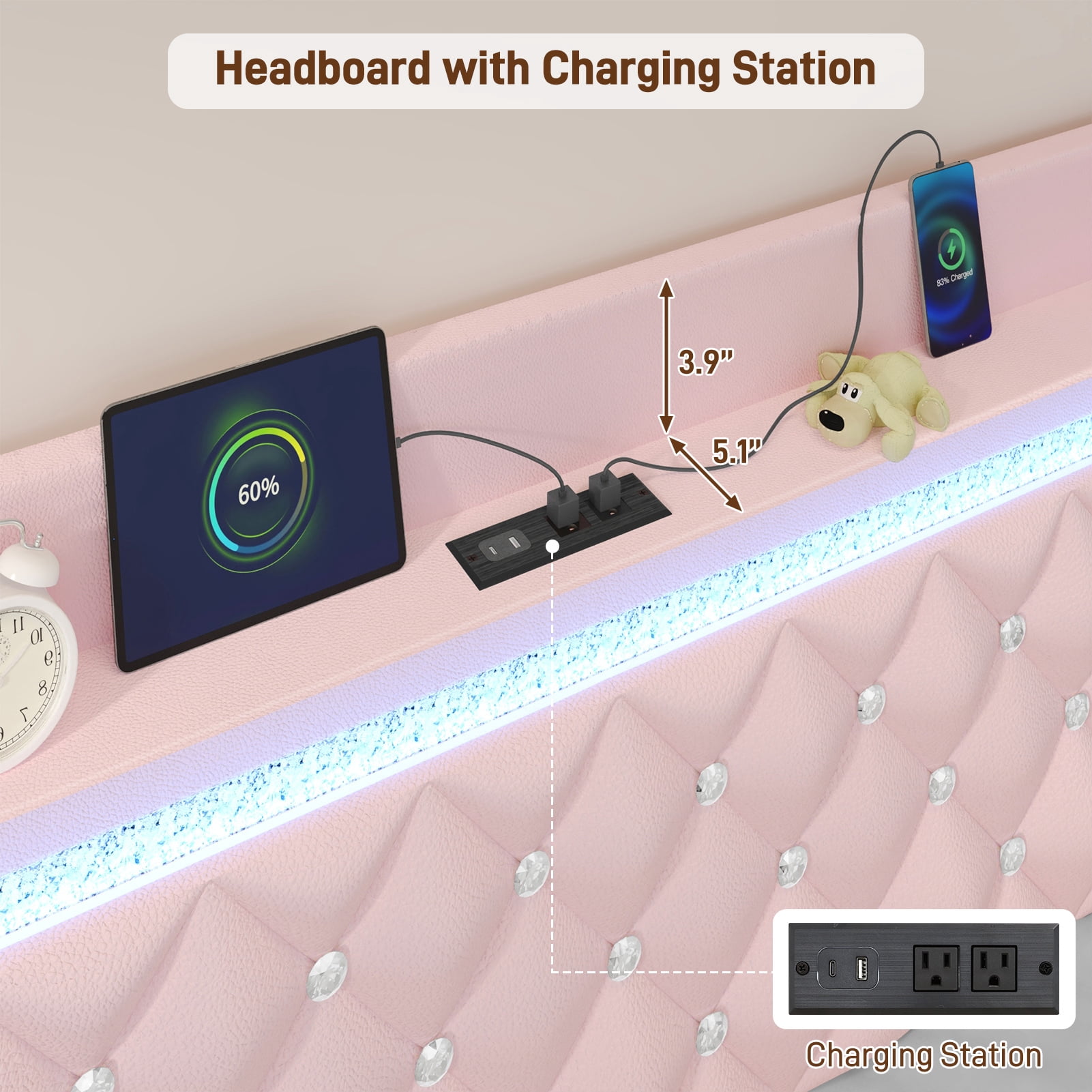 Blotout Floating Queen Bed Frame with LED Lights&Power Outlet, Upholstered Pu Leather Platform Bed with Diamond Tufted Storage Headboard & Footboard, No Box Spring Needed, Noise Free, Pink
