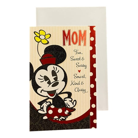 Mother's Day Greeting Card - MOM Fun, Sweet & SassySmart, Kind & Classy, mom, double stock front, glitter, shine paper, with Minnie Mouse