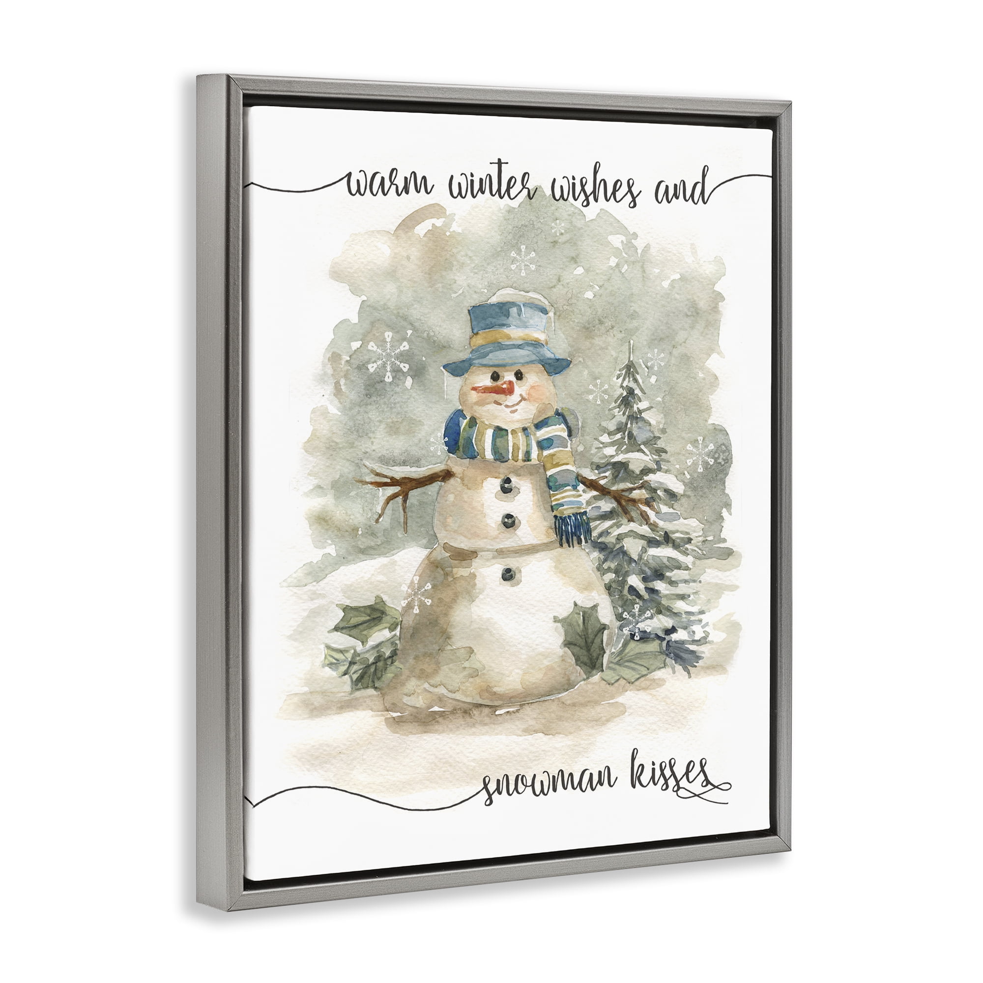 Stupell Industries Snowman Kisses Phrase Holiday Painting Gray Floater Framed Canvas Art Prints Wall Art, 17 x 21