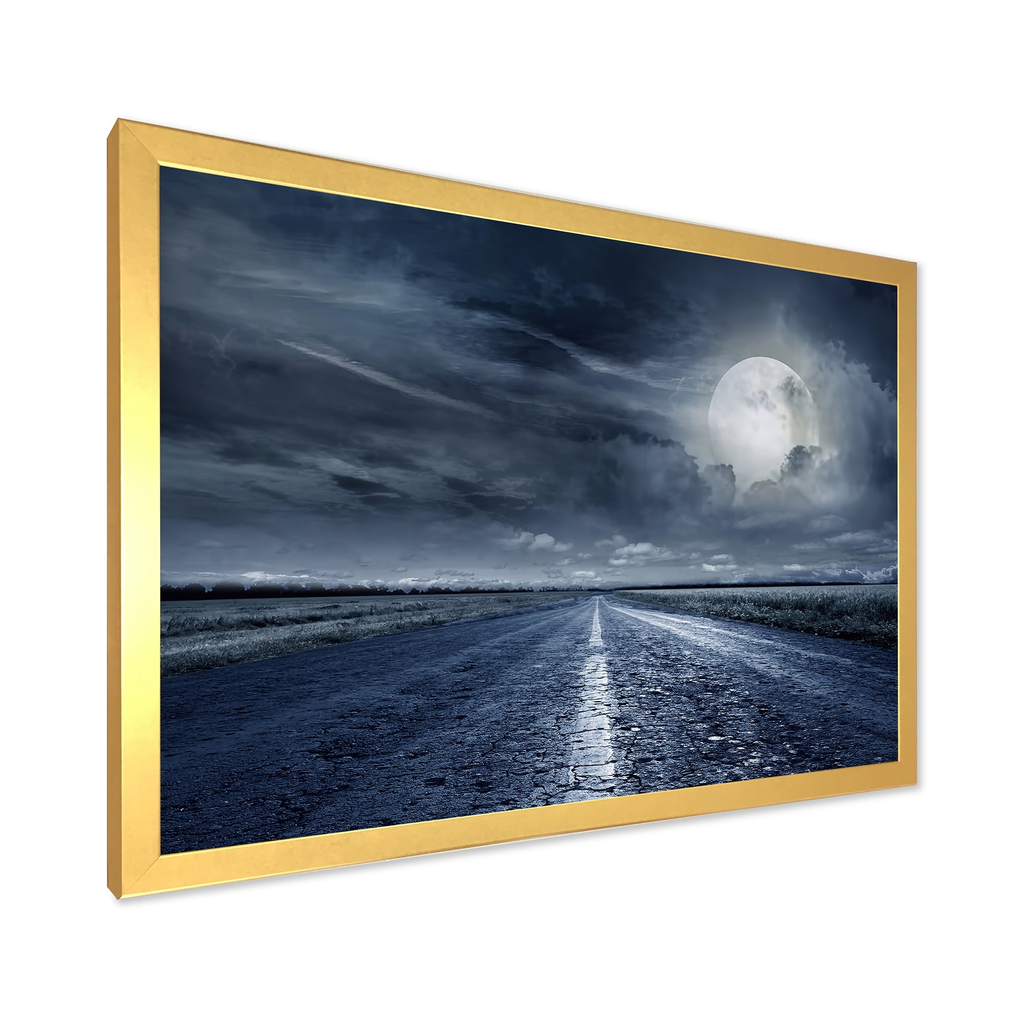Designart 'Cloudy Full Moon Over Asphalt Road II' Nautical & Coastal Framed Art Print