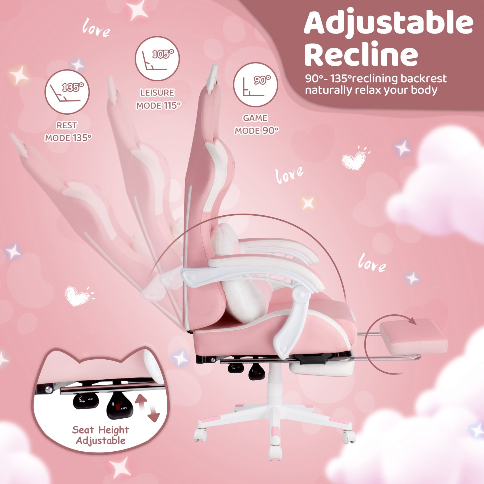 Waleaf Pink Gaming Chair with Cat Paw Lumbar Cushion and Cat Ears for Girls, Reclining Office Computer Chair with Footrest for Adults, Teens