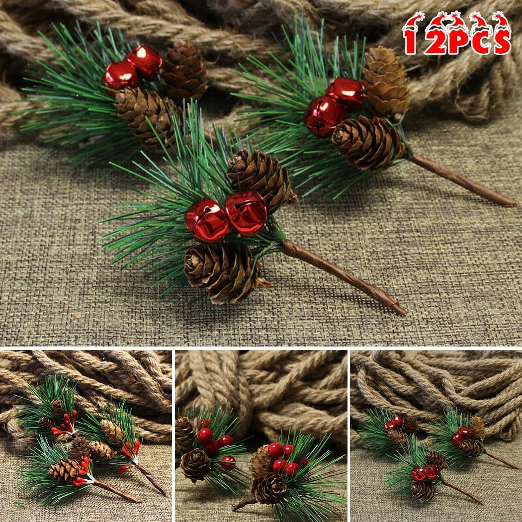 Huntermoon 12pcs Simulated Flower Red Christmas Berry Pine Cone Picks Stems Christmas Tree Accessories for Holiday Home Ornament Flower Crafts