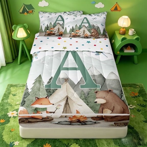 catabedysis Boys Camper Zipper Twin Comforter Sets with Fitted Sheet and 2 Pillowcases For Boys,Green A Alphabet Zipper Bedding Set For Camping Lovers,Polkadot Reversible,4 Pieces