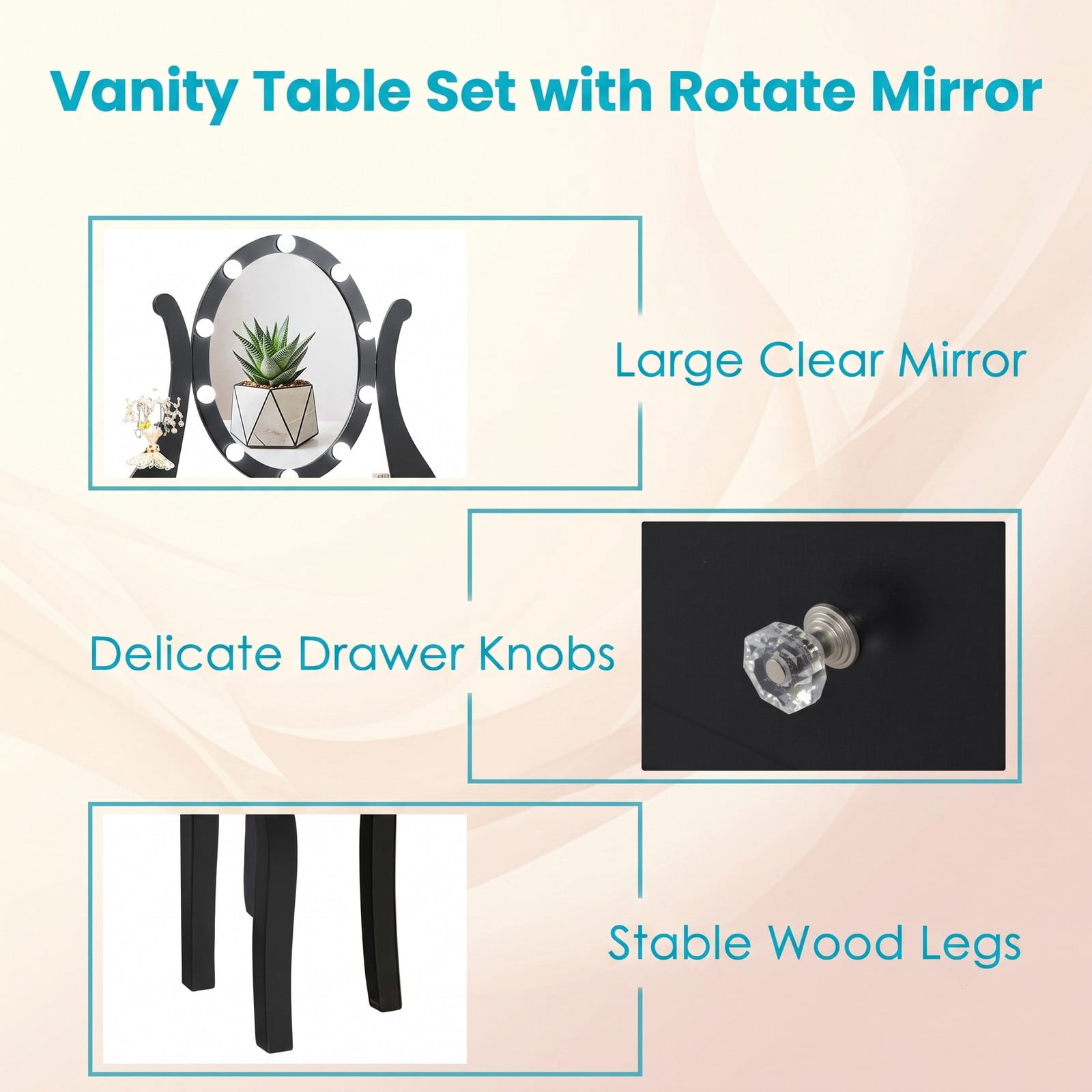 Furnibear Vanity Table Set with 10 Dimmable Light Oval Mirror and Cushioned Stool and 5 Drawers for Bedroom Makeup and Dressing, Black