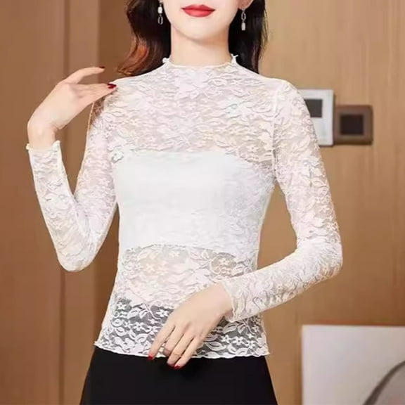 Fznquz Long Sleeve Women's Blouse Plus Size Lace Tops Trendy Slim Fit White Women T Shirt