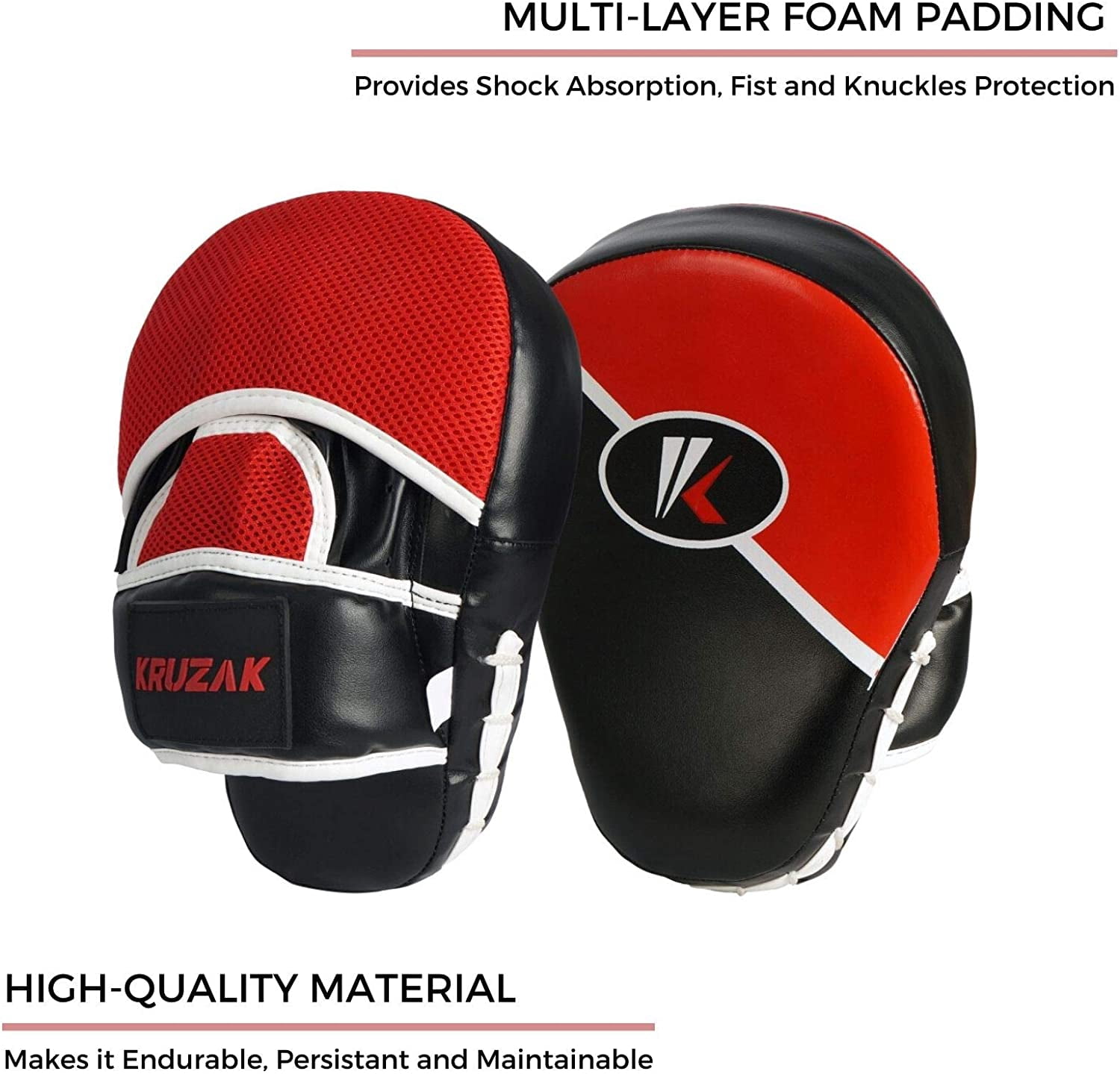Kruzak Two-Tone Focus Mitts and Boxing Gloves Set for Kickboxing and Muay Thai MMA Training| Focus Pads + Training Gloves | Fitness Kit for Martial Arts and Karate (Black/Red, 12 oz)