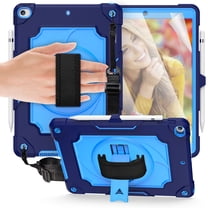iPad 10.2-inch 2020/2019 Case with Soft Screen Protector, Dteck 3 in 1 Hybrid Rugged Shockproof Kickstand Case with 360 Rotating Hand Strap, Shoulder Strap for iPad 8th Gen/iPad 7th Gen, Navy/Blue