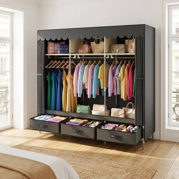 HUAXINYUN Heavy Duty Metal Frame Portable Closet with Fabric Cover, 3 Storage compartments,3 Hanging Rods and 3 Drawers, Freestanding Armoire for Bedroom Apartment Storage, Gray.