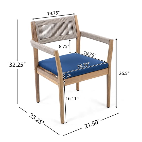 Set of 2 Acacia Wood Outdoor Dining Chairs with Navy Cushions & Beige Rope, Teak-Look Patio Furniture for Garden & Poolside