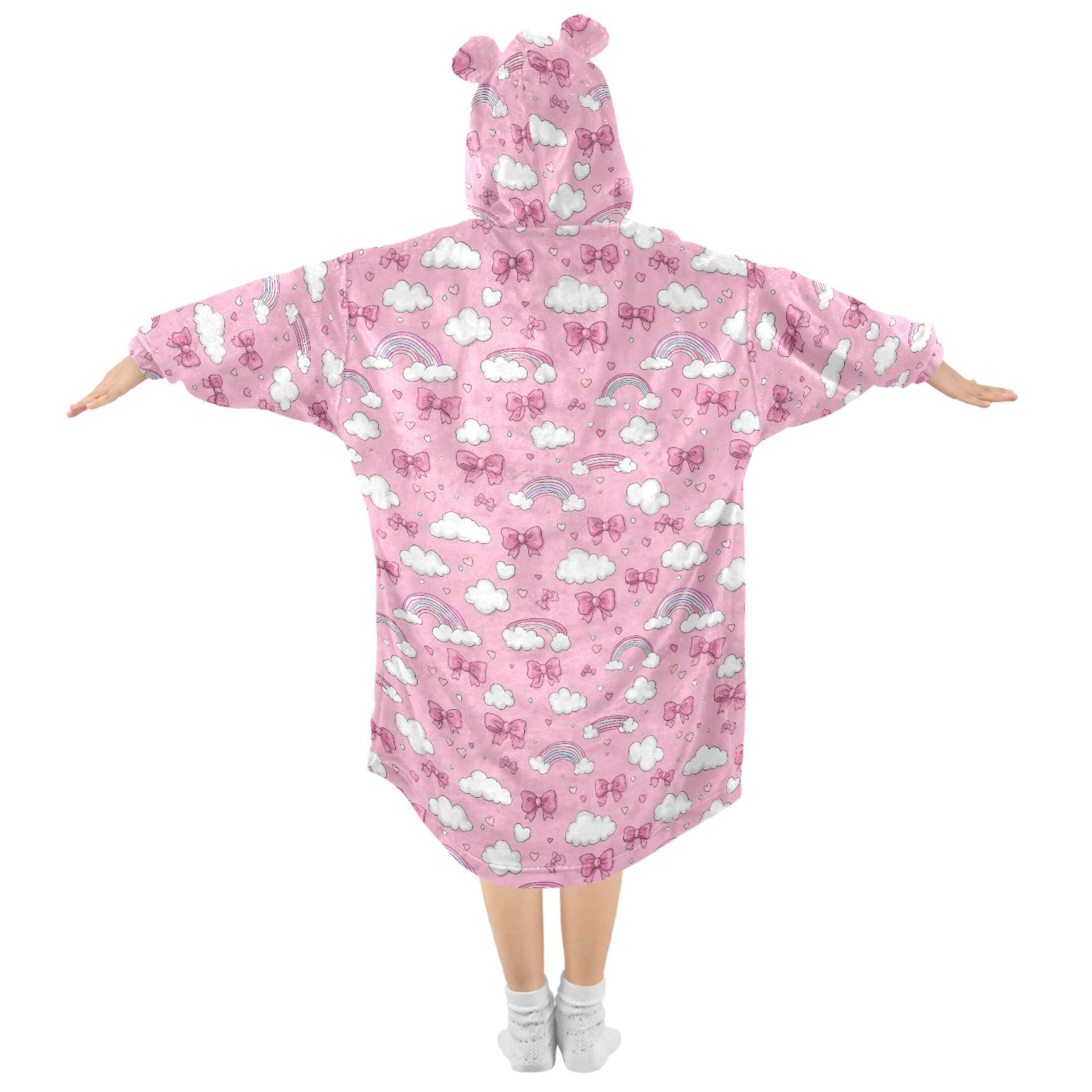 Wearable Blanket Hoodie for Kids Clouds Love Rainbow Bow Flannel Hooded Blanket with Pockets and Sleeves Suitable for Boys and Girls