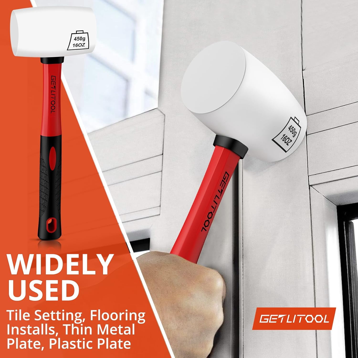 GETLITOOL Rubber Mallet Black/White 16oz, Non-Marking Rubber Mallet Hammer ⌀=55mm with Two Sides, Rubber Hammer with Non-Slip Fiberglass Handle for Camping, Flooring/Tiles Install, Woodworking