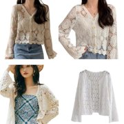Women Flare Long Sleeve Crochet Cardigan Open Front Hollow Floral Sweater Coat