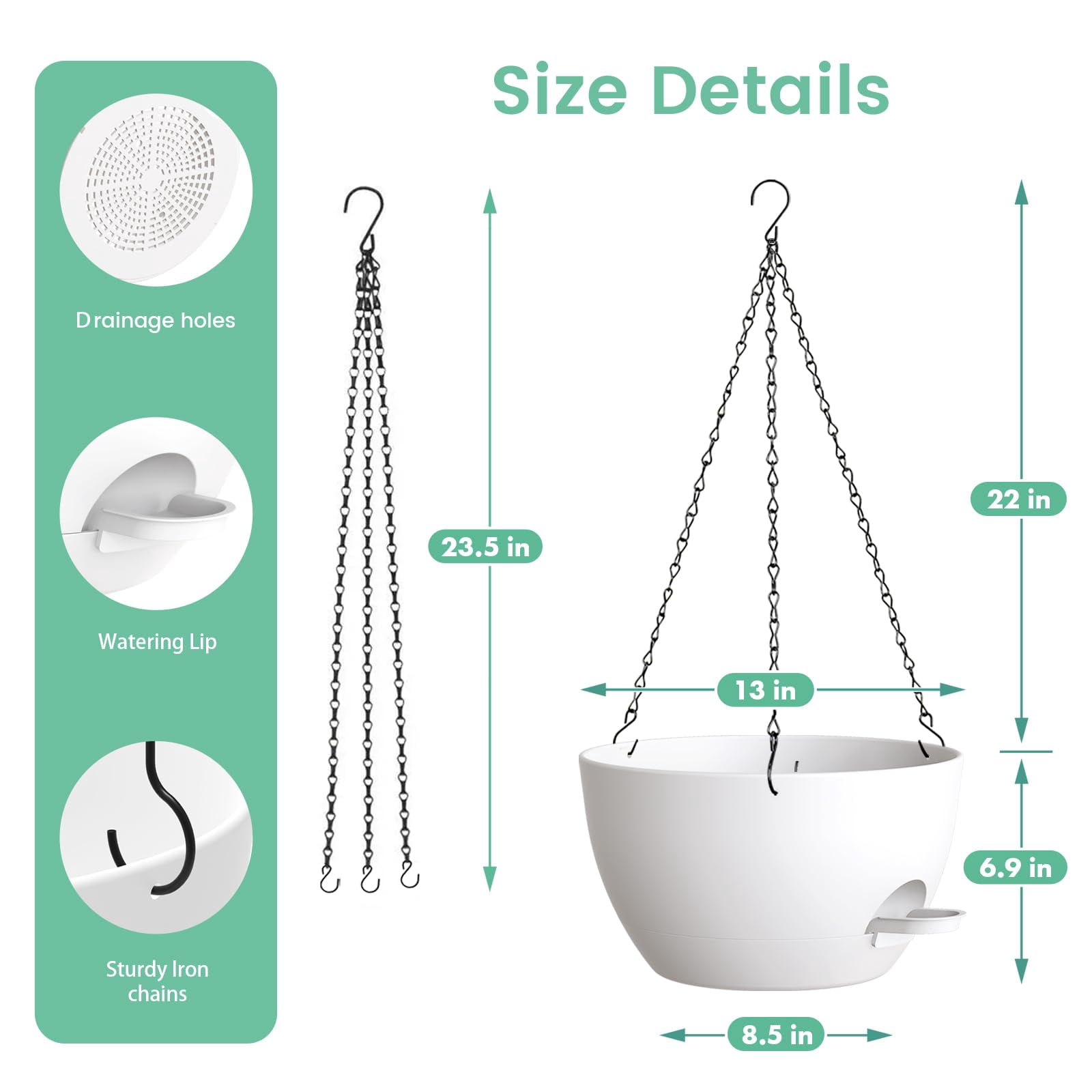 13 Inch 2 Pack Large Self Watering Hanging Planters for Indoor Outdoor Plants, Hanging Plant Pots with Removable 50 Oz Reservoir, Plastic Hanging Basket for Window Porch Garden,