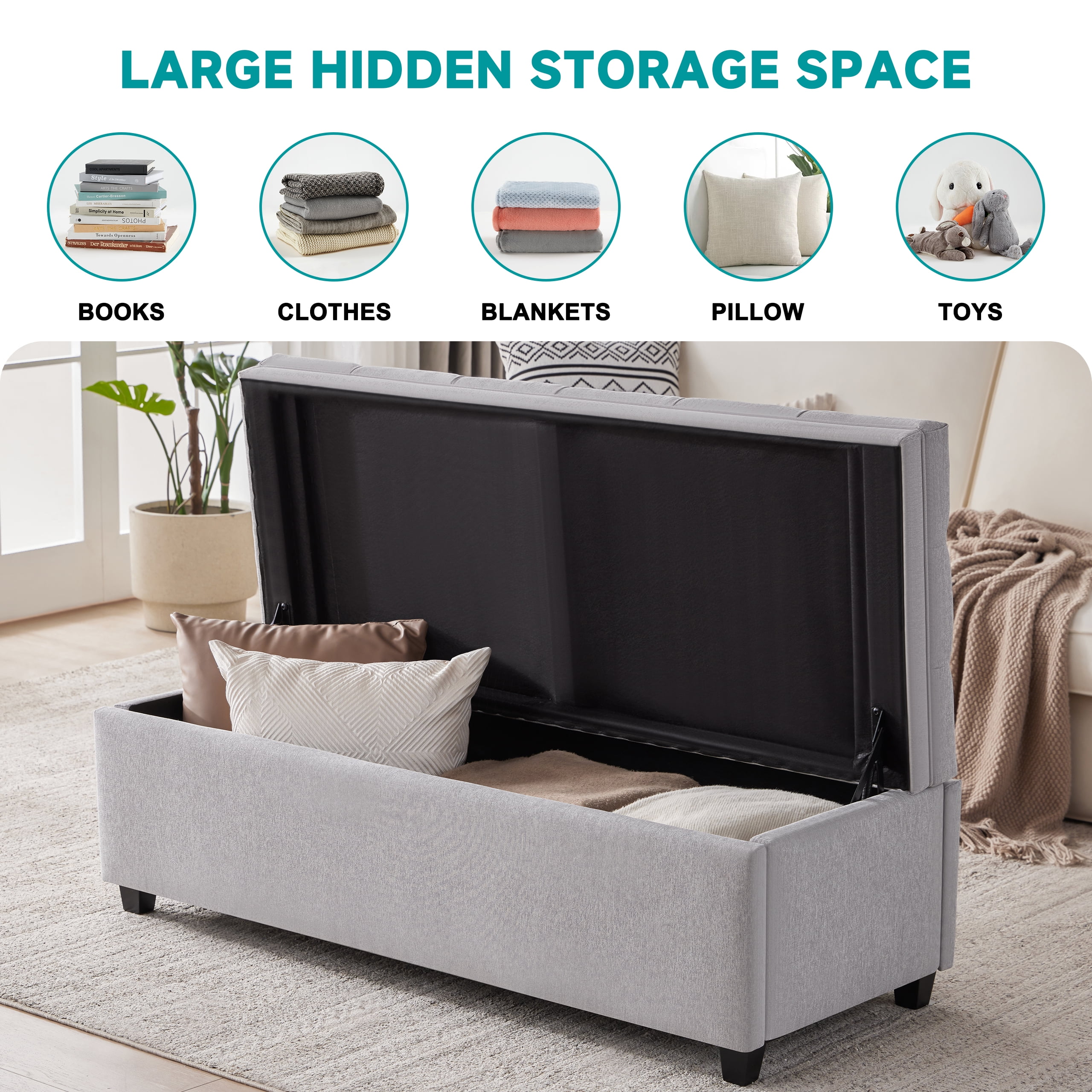 Mangodan 50" Storage Ottoman Bench, Tufted Ottoman With Storage Bench for Living Room, Large End of Bed Bench Ottomans, Modern Entryway Benches, Window & Bedroom Benches for Foot of Bed, LightGray