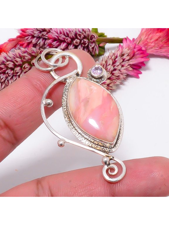 Pink Opal - Peru & Pink Kunzite Designer Handmade 925 Sterling Silver Pendant 2.34" Sku53, Pink Pendant, Natural Gemstone Pendant