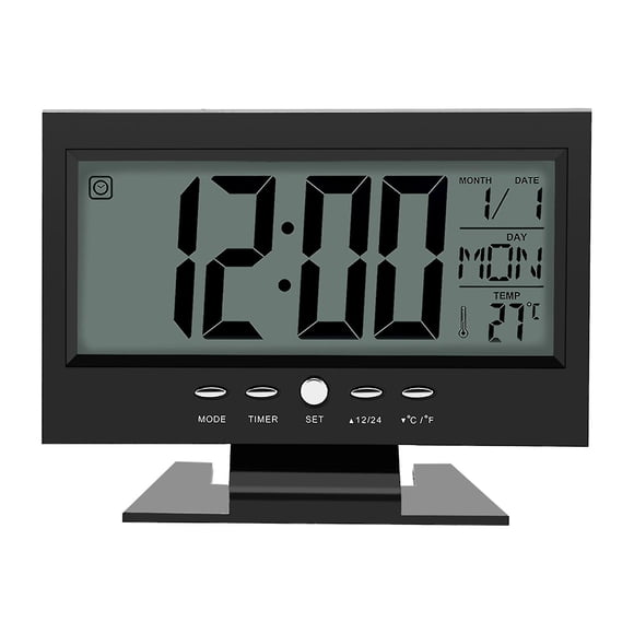 LCD Digital Desk Alarm Clock with Sound Sensor and Temperature Display, Black