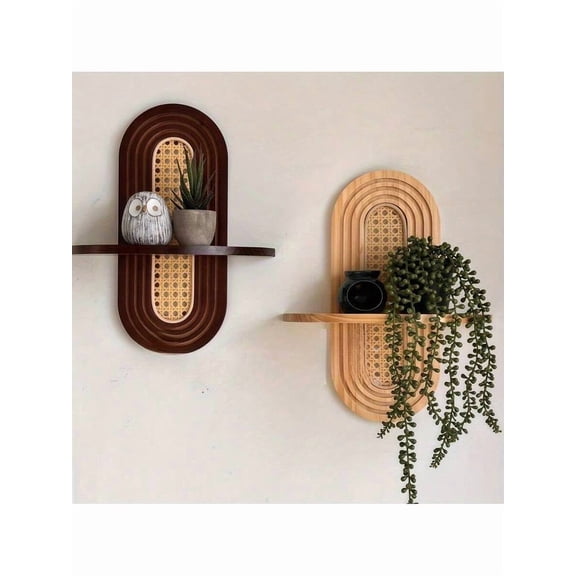 1pc Arched Bohemian Floating Shelf – Natural Wood & Woven Rattan Back, Easy Hanging, For Living Room/Bedroom/Bathroom (Displays Plants/Photos, Home Decor Shelf)