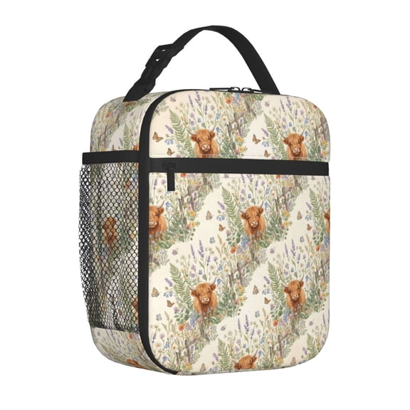 Highland Cow Insulated Lunch Box Chic Rustic Pattern Reusable Cooler Handbag with Front Pocket Portable Meal Prep Tote for Women Men Work Office