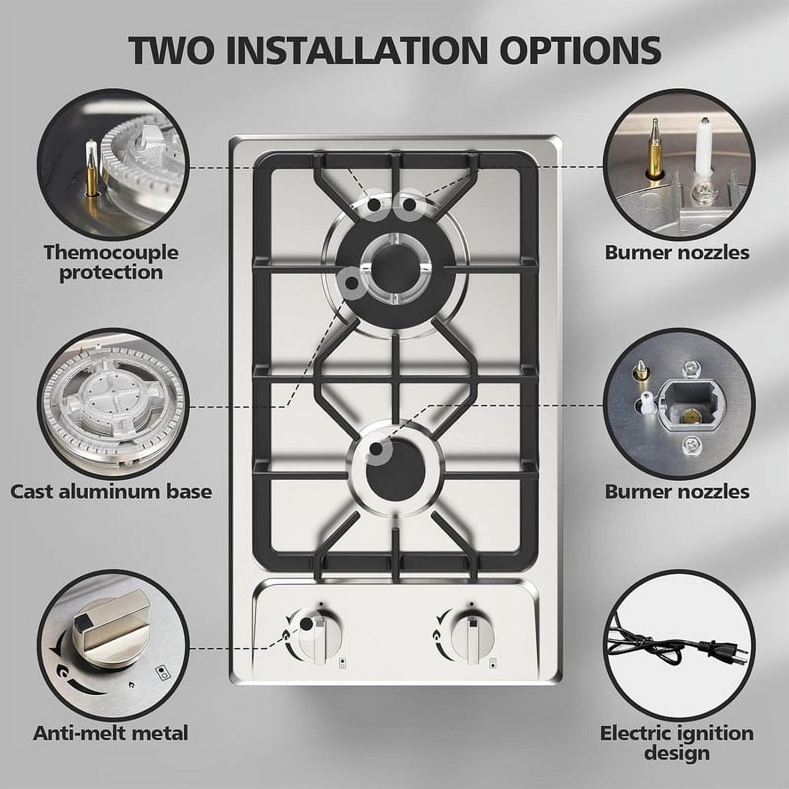 VBGK 2 Burner Gas Cooktop, 12-inch Stainless Steel Dual Fuel Propane Stove with Thermocouple Protection for Home, Apartment, and Outdoor Cooking