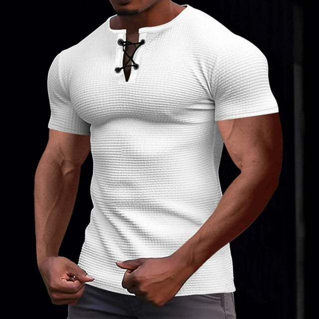 pstuiky camisetas de manga corta para hombre, Camiseta vintage de manga corta con cordones y solapa para hombre, estilo patchwork, blusa de manga corta con cuello alto camisetas de hombre xxl
