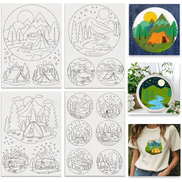4Sheets 17Pcs Water Soluble Embroidery 11.7x8.3inch Camping Forest Pattern Transfers Water Soluble Stabilizer for Embroidery Stick and Stitch Embroidery Designs