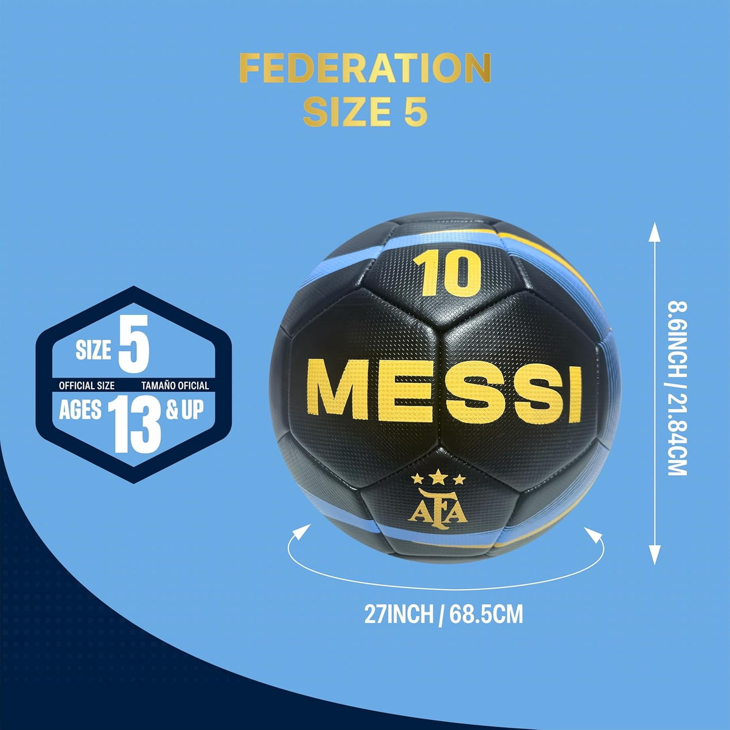 Icon Sports Officially Licensed Argentina National Football Team Soccer Ball Player 10 Design - Size 5 Black Ball
