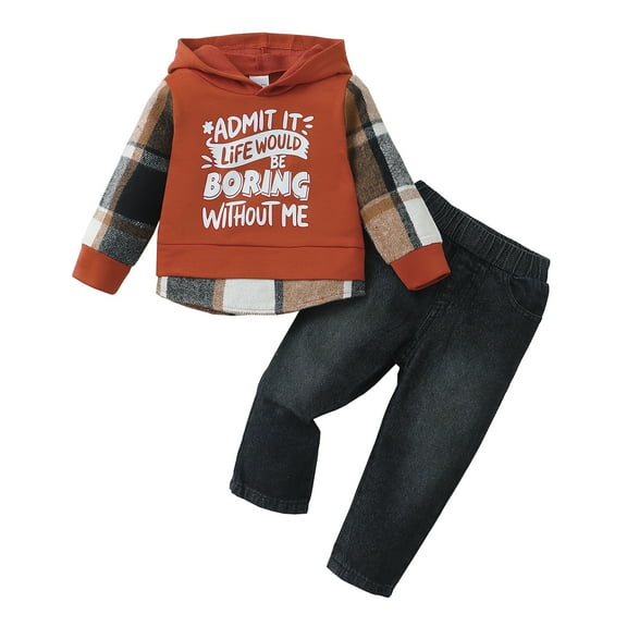 6 Months Baby Boys Clothes 12 Months Boys 2PCS Hoodie Outfits Set Letter Print Infant Boys Long Sleeve Hoodie Top Denim Pants Set Brown