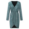 thumbnail image 2 of Sexy Dance Robe Courte Femme Manches Longues Mini Robes Col en V Décontracté Strass Vert L, 2 of 4