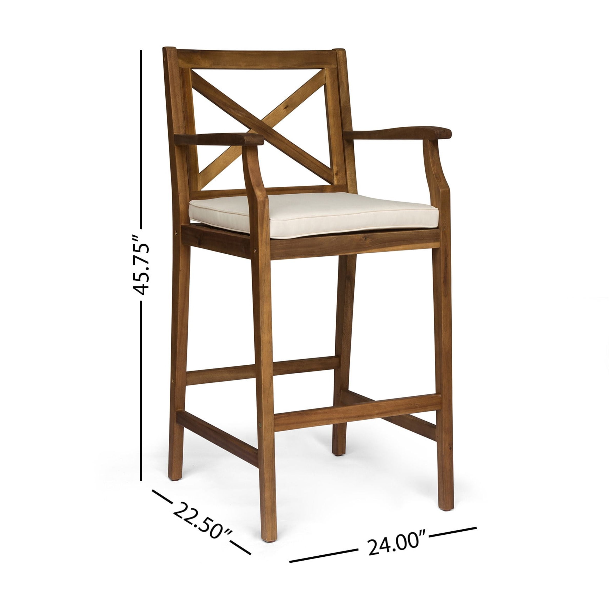 Outdoor Acacia Wood Bar Stool Set of 2, Comfort Height Seats for Patio Bar, Teak and Cream