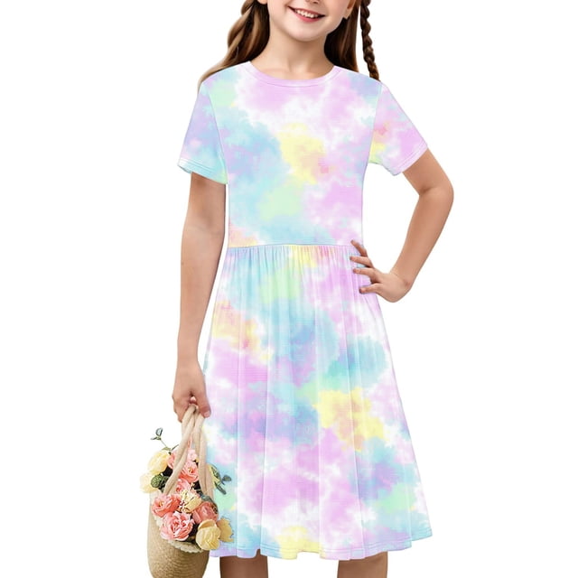 Offres du Jour Liquidation Iumwxz Tunique Robe Plissée Robe Ample Robe Ligne A Robe Col Rond Imprimé Teinture sur Nœuds Manches Courtes Robes pour Enfants Robe Tendance pour l'École 4-14 Ans